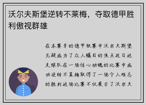 沃尔夫斯堡逆转不莱梅，夺取德甲胜利傲视群雄