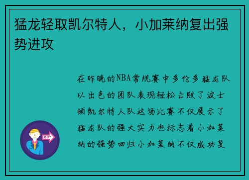 猛龙轻取凯尔特人，小加莱纳复出强势进攻