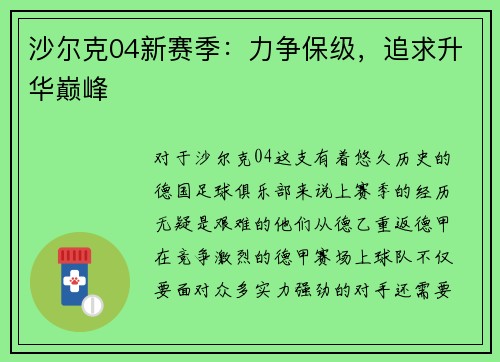 沙尔克04新赛季：力争保级，追求升华巅峰