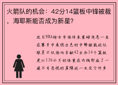 火箭队的机会：42分14篮板中锋被裁，海耶斯能否成为新星？