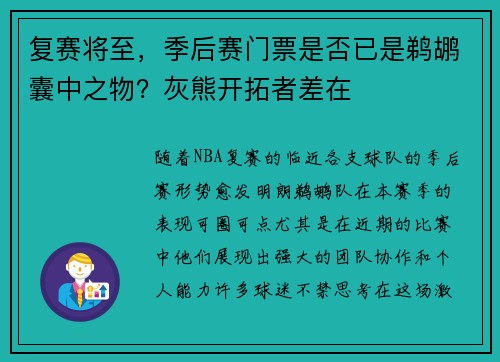 复赛将至，季后赛门票是否已是鹈鹕囊中之物？灰熊开拓者差在