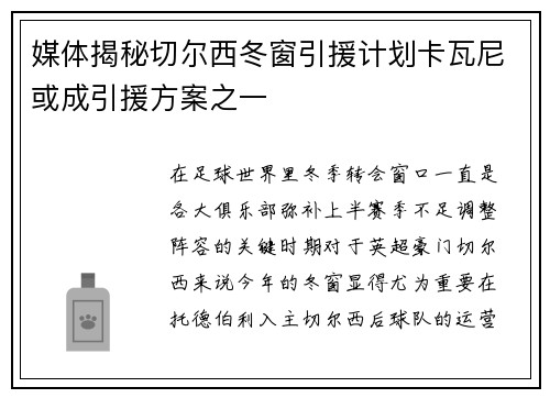 媒体揭秘切尔西冬窗引援计划卡瓦尼或成引援方案之一